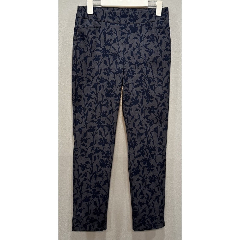 Chicos Pants Women's Size 6R Blue Floral Print Stretch Pockets Pull On Comfort